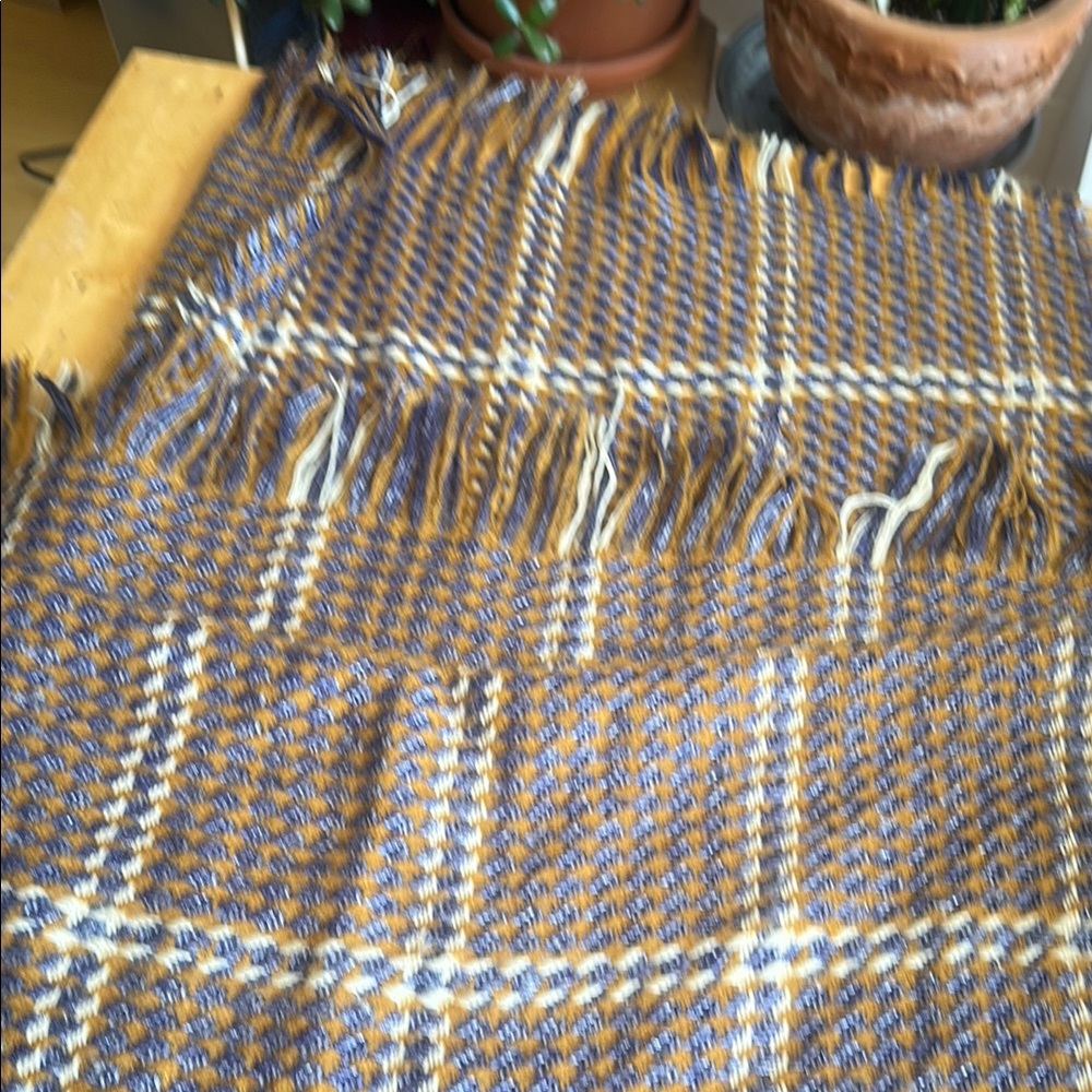 Plaid Fringe Scarf in Blue and Tan